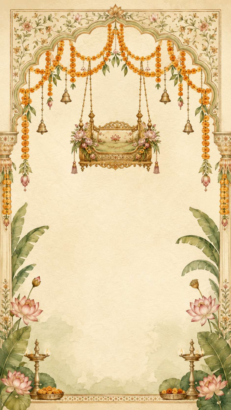 Ornate cream and gold baby shower invitation artwork with marigold garlands, a decorated jhula, lotuses and brass oil lamps.