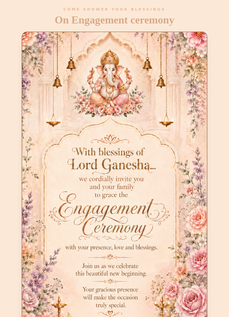 Real JashnPatra invitation build shown as a design-language reference — an illustrated Ganesha, floral archway and calligraphic wording.